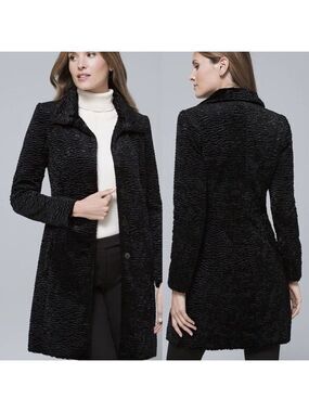 White House Black Market Black Faux Persian Fur Coat high collar button closure